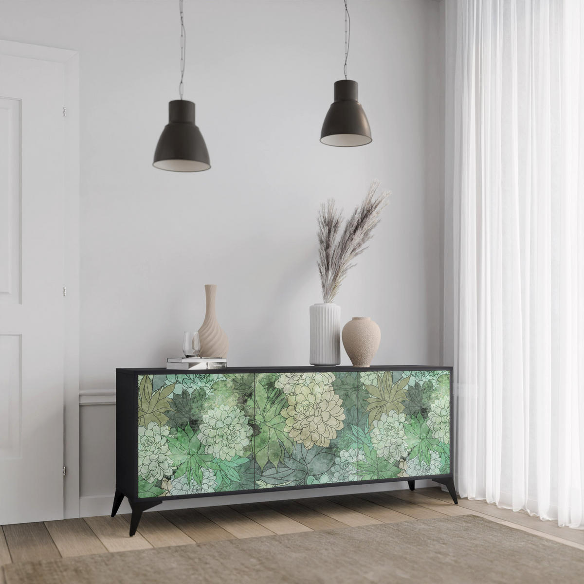 SIDEBOARD SUCCULENT CLUSTER, Graue Oberfläche, 164,5x42x72,5 cm, 3 Türen - Schwarz/Grau, Holzwerkstoff/Metall (164.5/72.5/42cm) - SpaceRebels