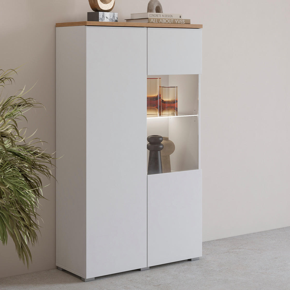 VITRÍNA Liko Bílá a dřevo - bílá, kompozitní dřevo (80/140/34.5cm) - Petits-meubles