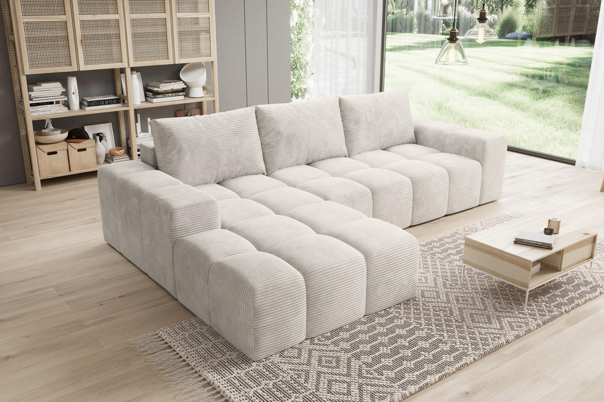 ECKSOFA Cento, L-Form, Ottomane Links, Cordstoff, 285x56x180 cm, Beige - Beige, Holz (180/285cm) - PROMETO Möbel