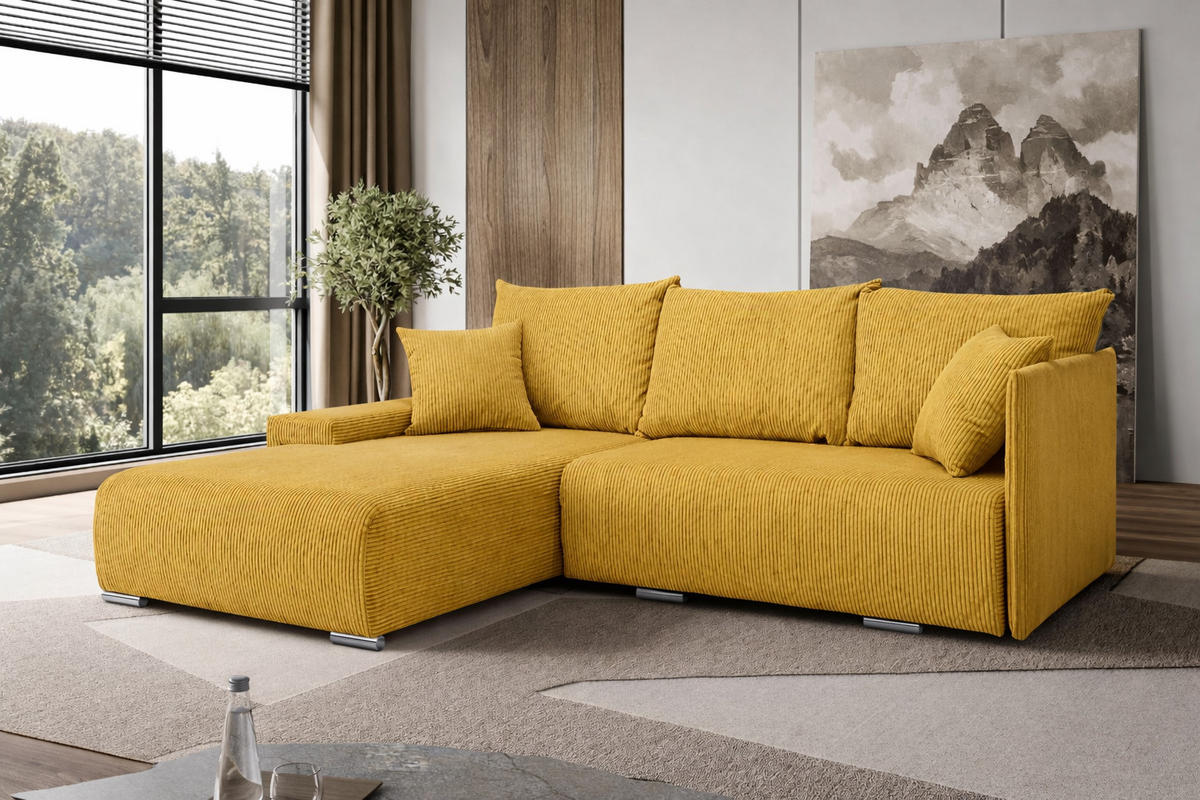 ECKSOFA L-Form Schlaffunktion Livorno Cord-Stoff Gelb Links - Chromfarben/Gelb, Holz/Kunststoff (246/188cm) - Kaiser Möbel