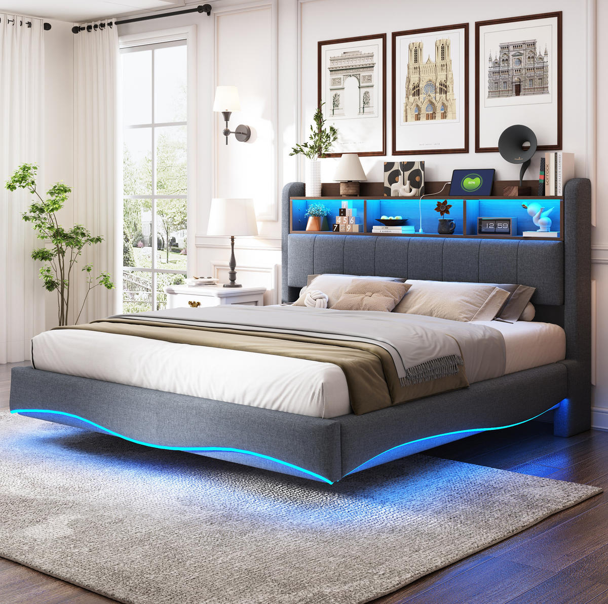 POLSTERBETT aus Stoff 160x200 cm Grau mit LED-Beleuchtung, USB-, Typ-C-Anschluss und Stauraum am Kopfteil - Grau, Textil (160/200cm) - Modfu