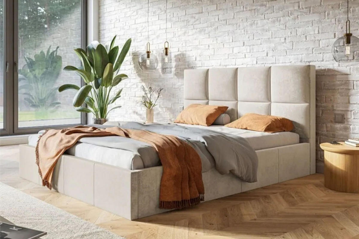 POLSTERBETT SLIM mit Kopfteil, 140x200 cm mit Bettkasten und Lattenrost aus Holz, Velourstoff, Farbe: Beige - Beige, Holz/Kunststoff (140/200cm) - Sepro Meble