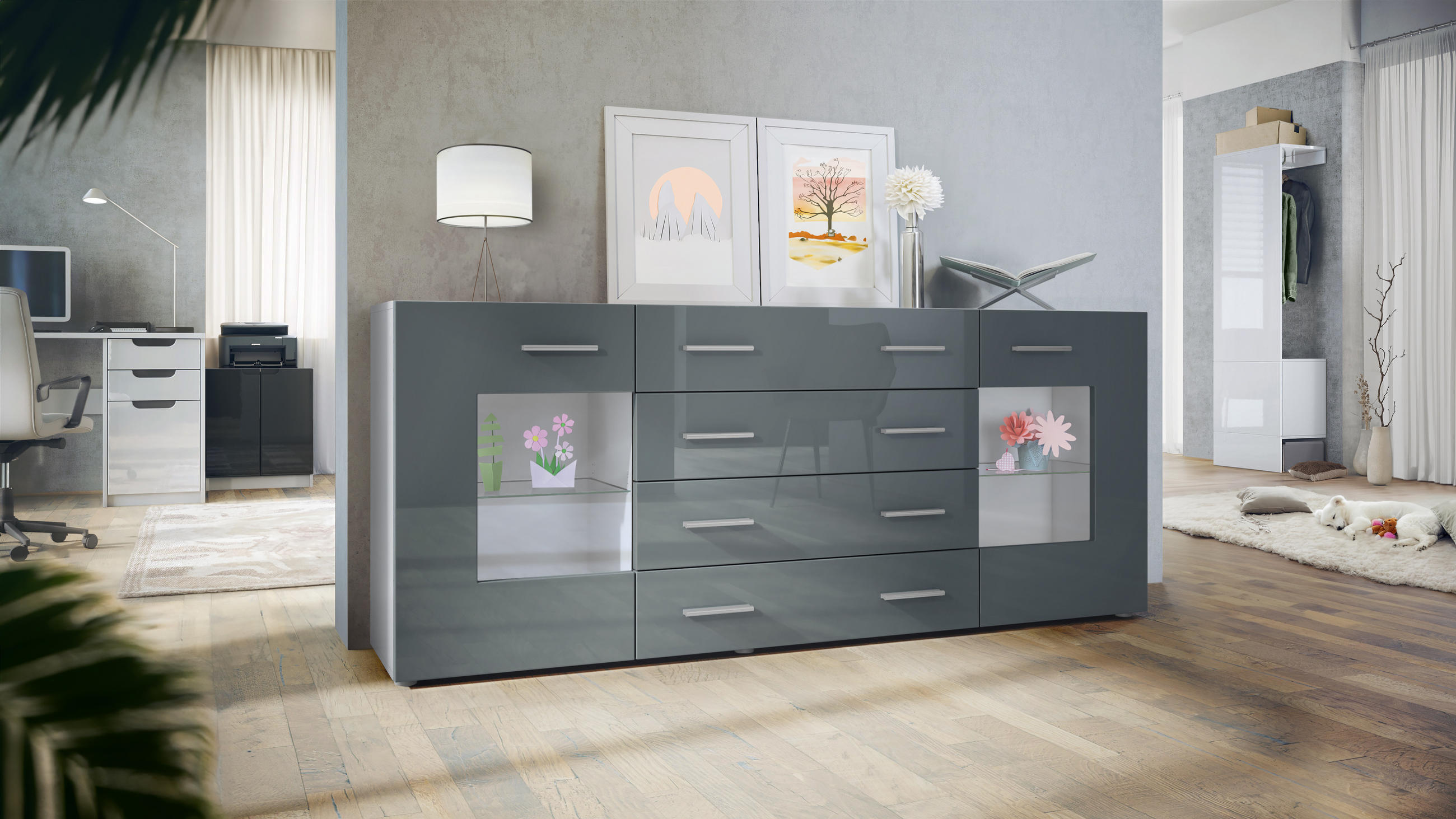 SIDEBOARD Noah Grau Hochglanz - Grau, Holzwerkstoff (166/72/35cm) - Vladon