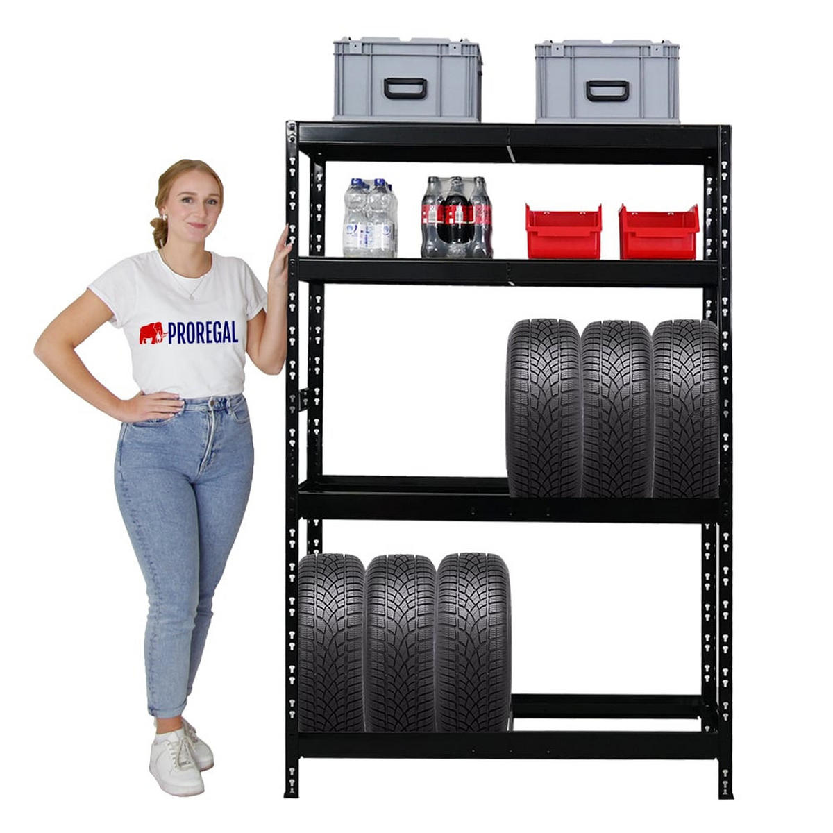 REIFENREGAL Tiger 2er-Set 180x120x40 cm bis zu 12 Reifen auf 2 Ebenen mit 2 Fachboden Schwarz - Schwarz, Metall (240/180/40cm) - PROREGAL
