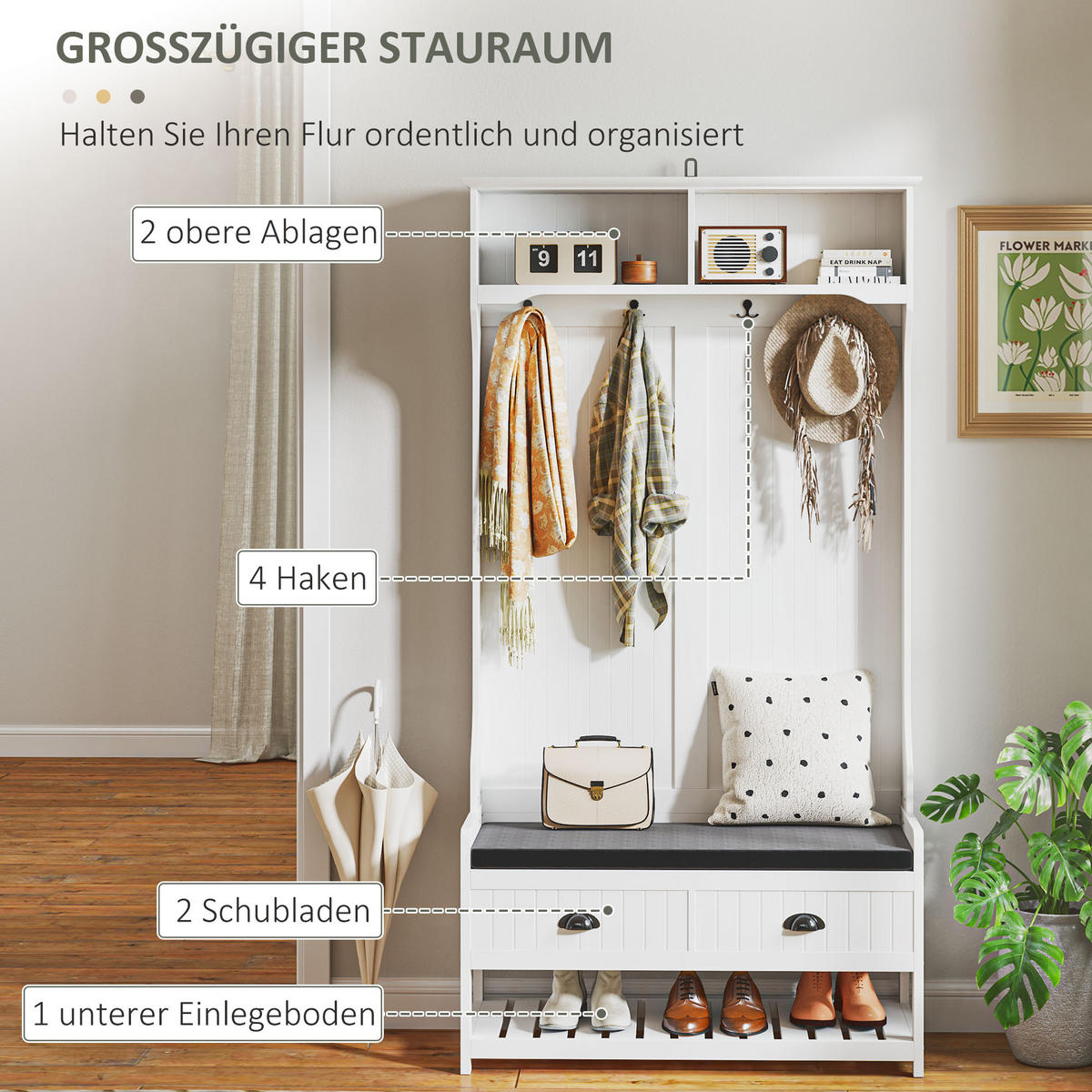 2-IN-1 Garderobenständer, Kleiderständer mit 4 Haken, Garderobe mit Schuhbank - Weiß/Grau, Holzwerkstoff/Textil (42/172/89cm) - HOMCOM