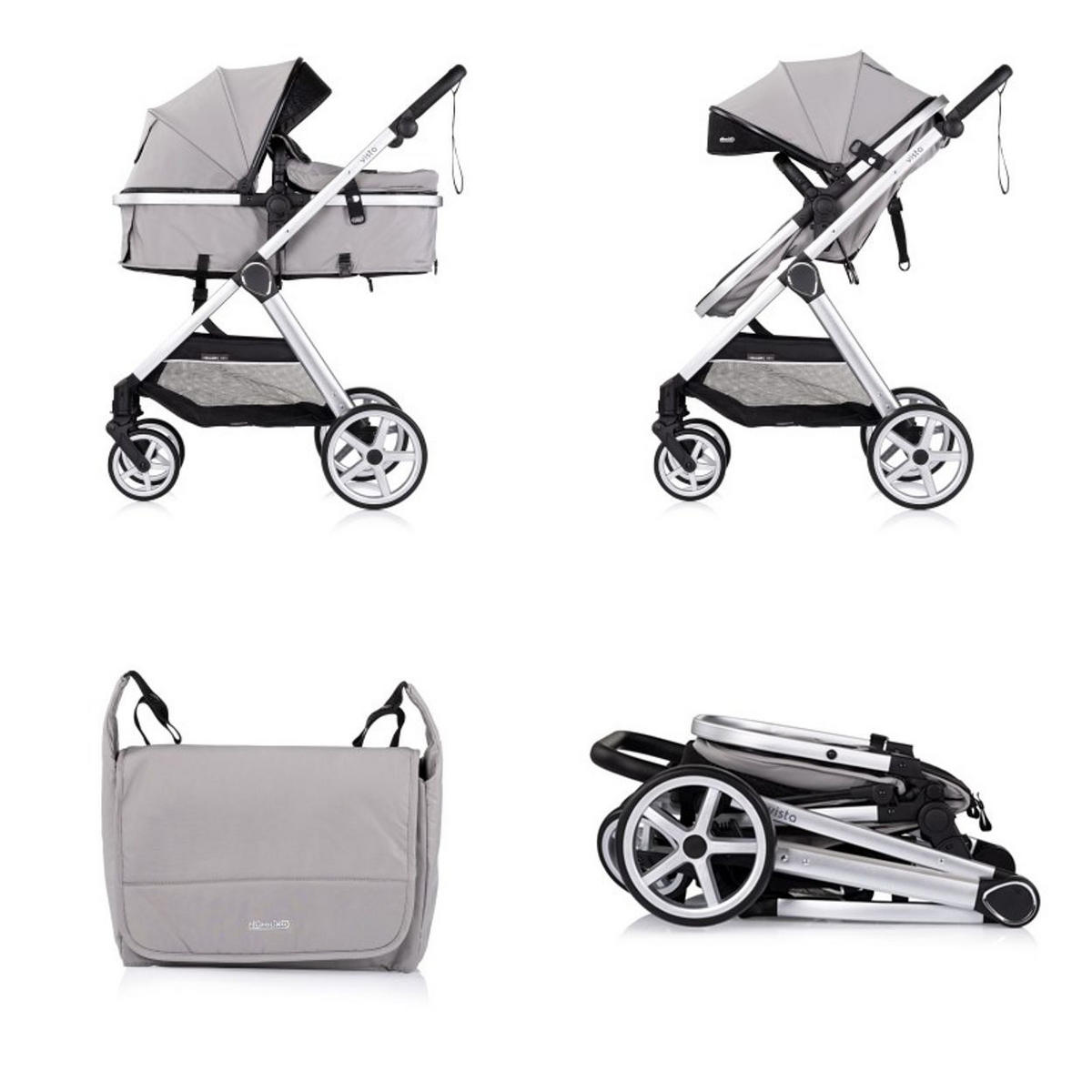 KINDERWAGEN 2 in 1 Vista hellgrau Wickeltasche, Fußabdeckung, Korb, Gurt - Grau, Metall (90/63/108cm) - Chipolino