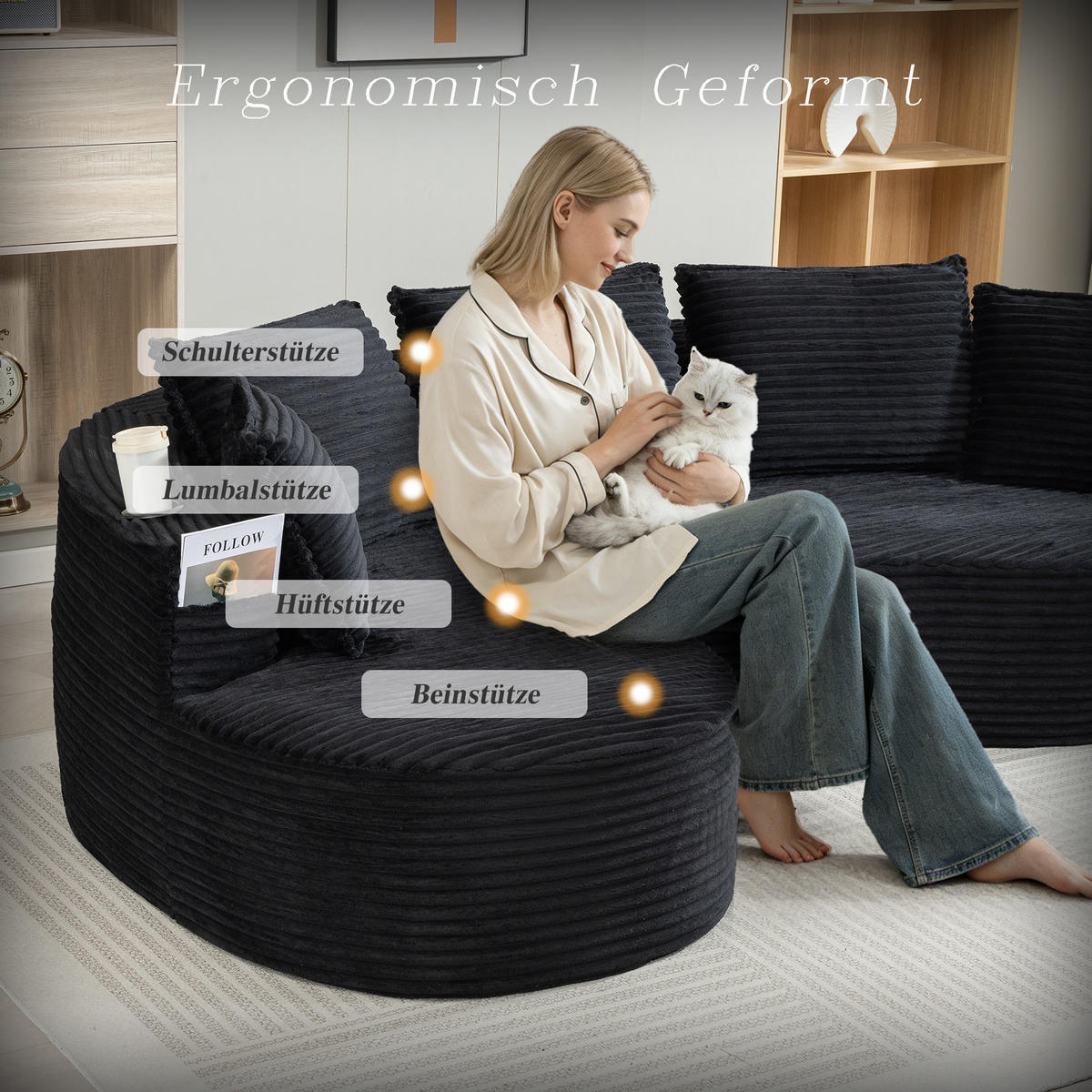 ECKSOFA Cord Schwarz mit Getränkehaltern, Seitentaschen und Kissen - Schwarz, Textil (250/152cm) - WISHDOR