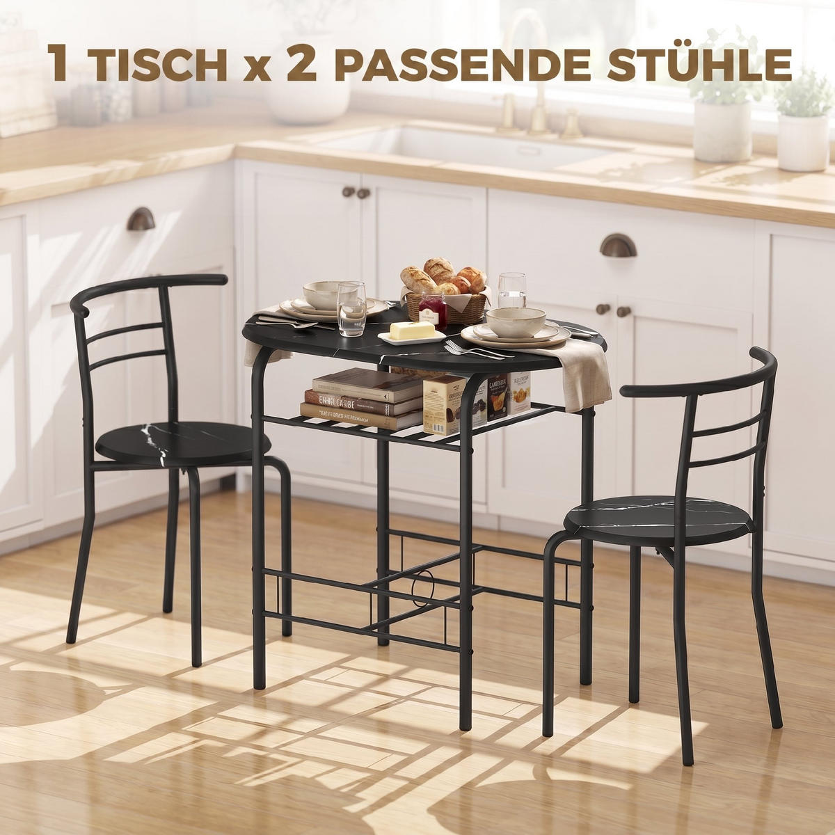 ESSGRUPPE mit 1 Tisch und 2 Stühlen Schwarz 80.0/52.0/76.0 cm - Schwarz, Holzwerkstoff (52/76/80cm)