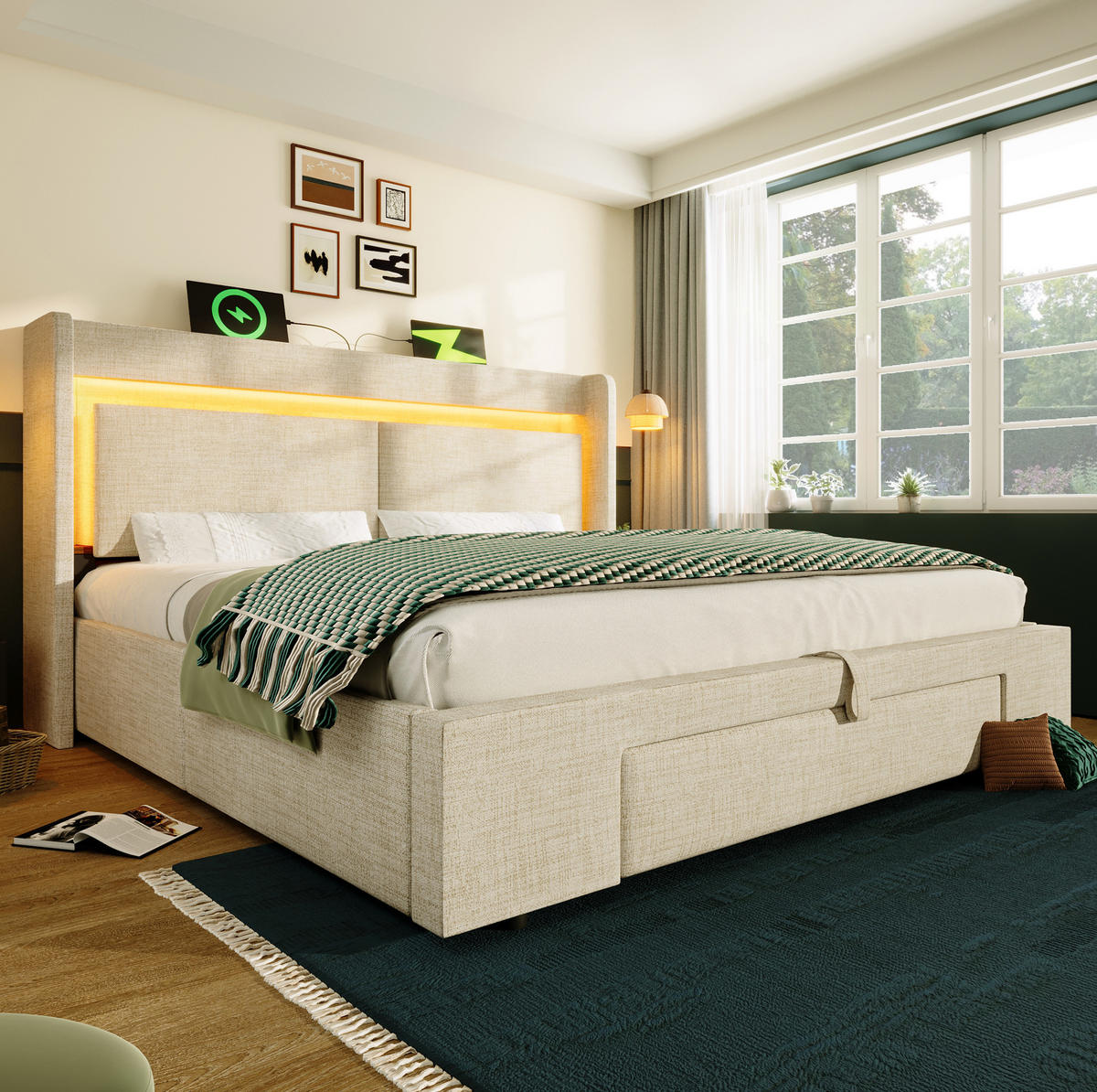 BETT mit Stauraum und LED 140x200 cm Beige mit Matratze - Beige, Metall (140/200cm) - Meubliv
