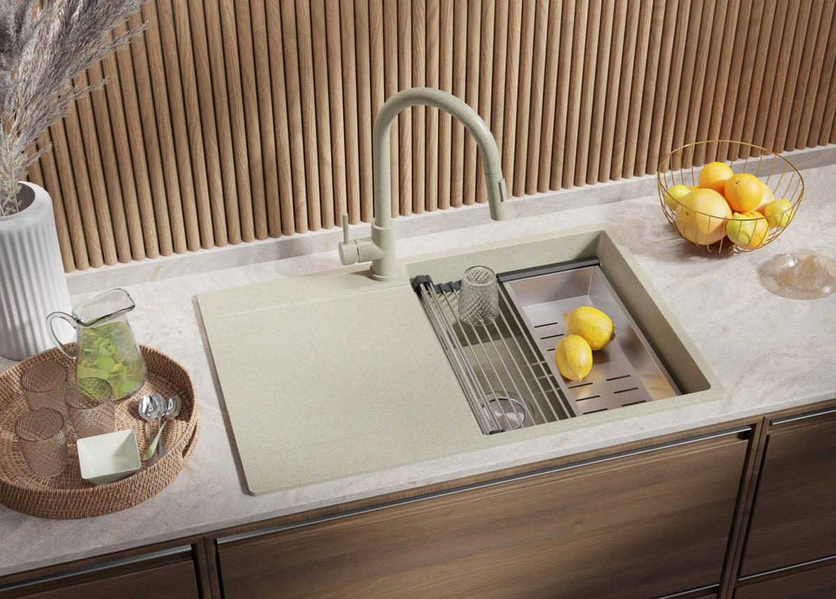 SPÜLBECKEN San Francisco, 2-er set Beige 78/50 cm 1 Becken + Ablauf-Set + Aufrollbare Abtropffläche ab 50er Unterschrank - Chromfarben/Beige, Kunststoff (78/20/50cm) - Primagran