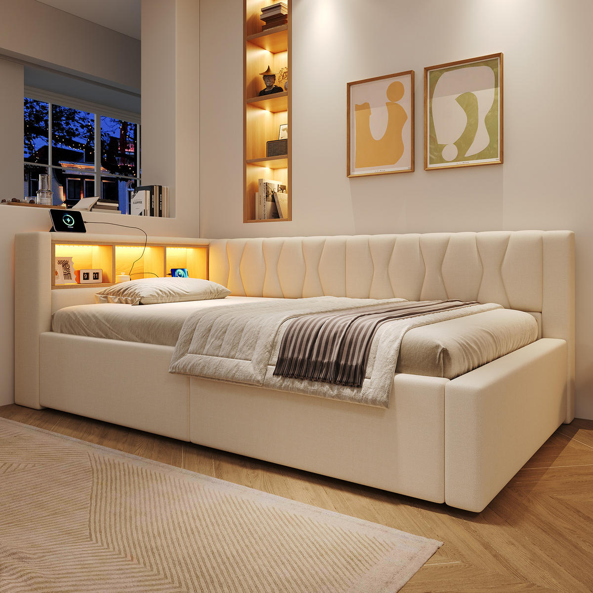 TAGESBETT 90x200cm Schlafsofa Hydraulik LED USB Beige - Beige, Naturmaterialien (90/200cm) - FLIEKS