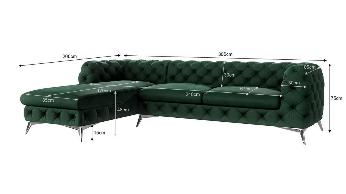 ECKSOFA Chesterfield Laura Flasche Grün Samt - Smaragdgrün/Silberfarben, Holz/Textil (305/200cm) - S-Style Möbel