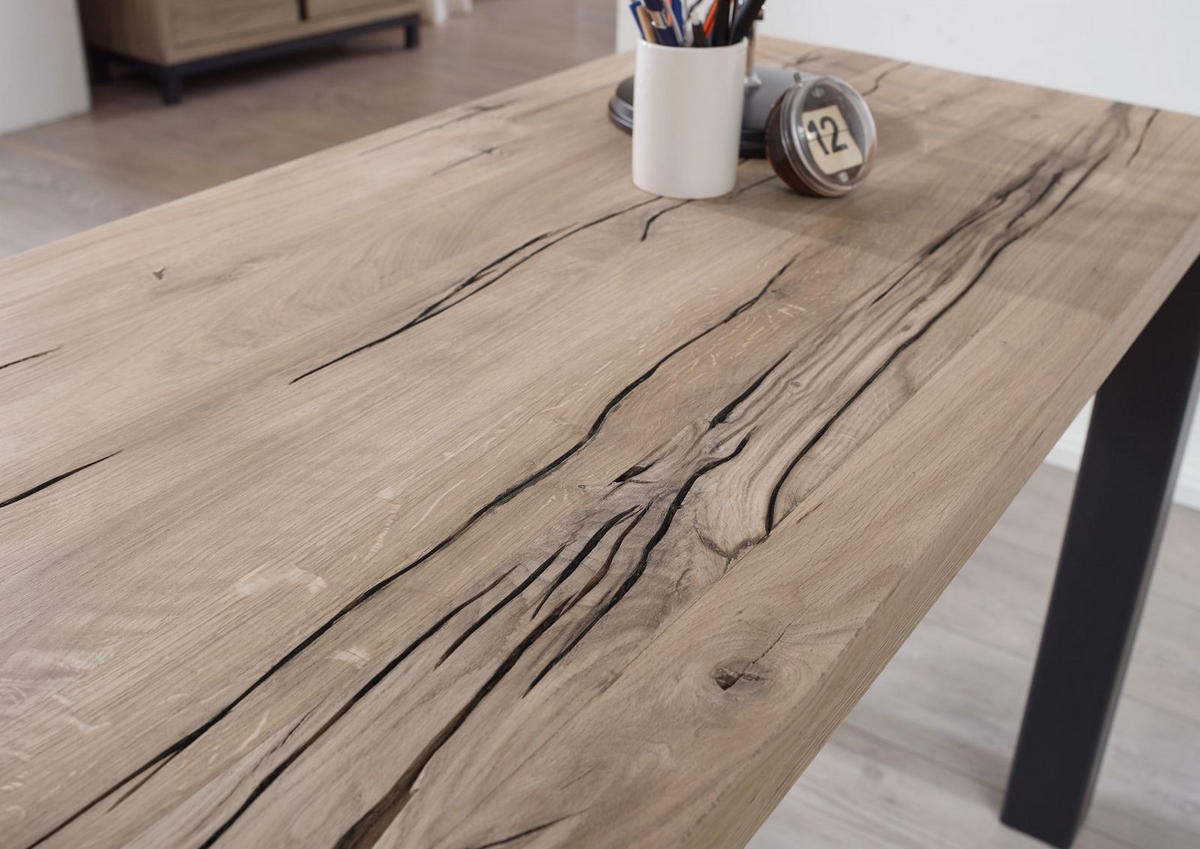 SCHREIBTISCH Wildeiche 220x55x76 bianco geölt VILLANDERS #242 - Beige, Holz (55/220/76cm) - Massivmoebel24