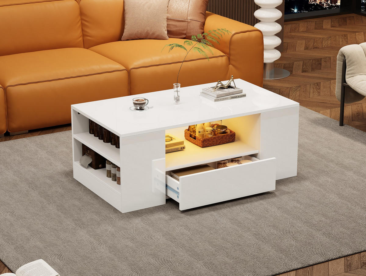 COUCHTISCH 95/53/37 cm Weiß aus Spanplatte mit LED und 2 Schubladen - Weiß, Holzwerkstoff (95/53/37cm) - OKMYHOME