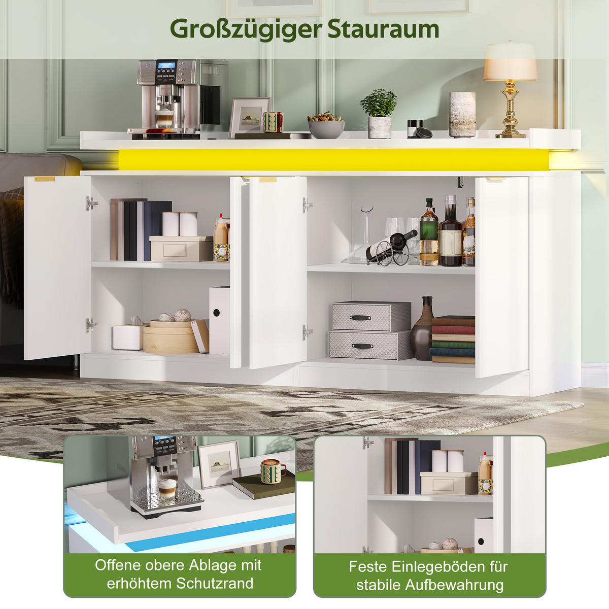 SIDEBOARD DE-38751 160/39/83 cm LED-Beleuchtung und 4 Türen Weiß - Weiß, Holzwerkstoff (160/83/39cm) - ComfortXL