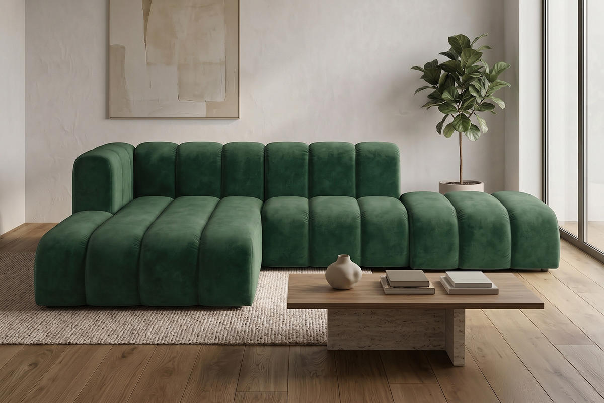 ECKSOFA Modulares In L-Form Mit Hocker, Velvet-Stoff Riviera, Grün, Links, GRAND Mini - Olivgrün, Holz (295/179cm) - Kaiser Möbel