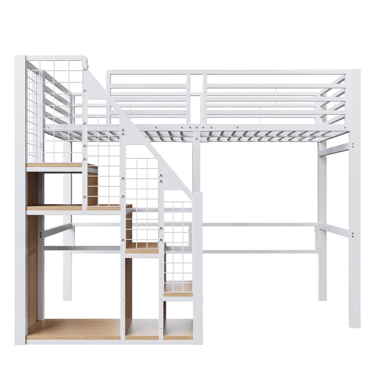 HOCHBETT aus Metall 90x200 cm in Weiß mit Treppe & Stauraum - Weiß, Metall (90/200cm) - Modfu