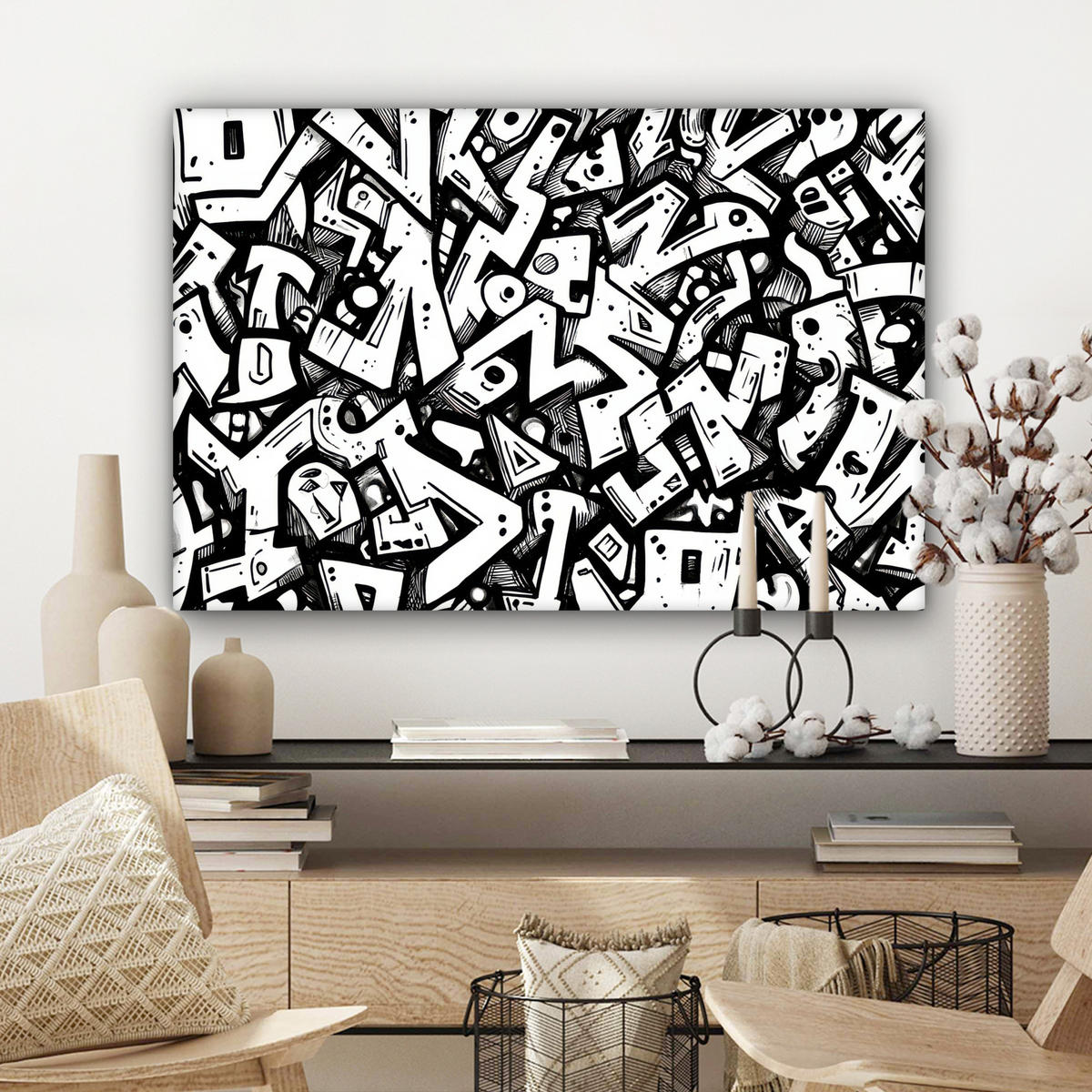 LEINWANDBILD Formen - Buchstaben - Graffiti - Schwarz Wanddeko 90x60 cm - Schwarz, Textil (90/60cm) - MuchoWow