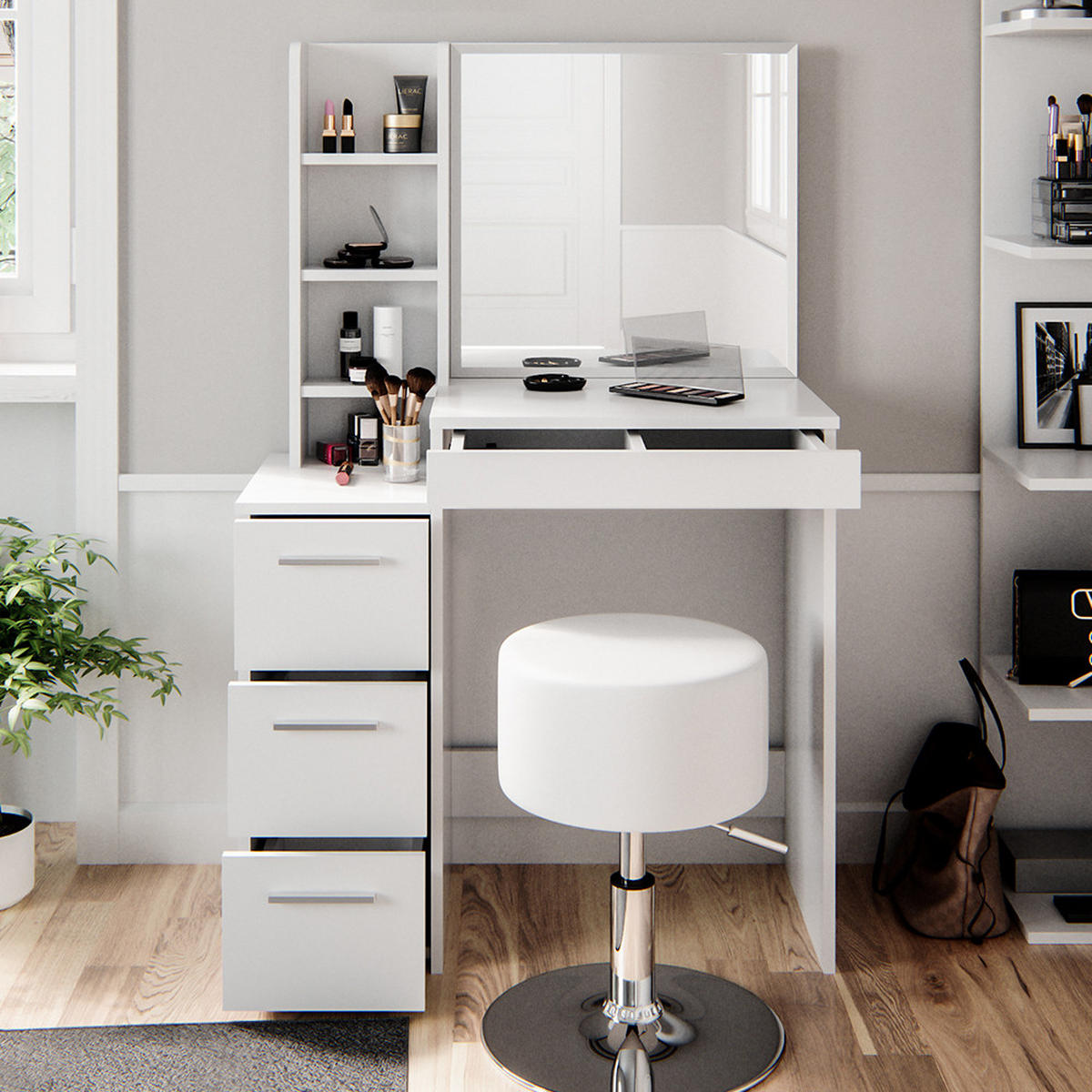 SCHMINKTISCH Meryl Weiß 79.9 cm mit Hocker - Weiß, Holzwerkstoff (40/127.4/79.9cm) - Vicco