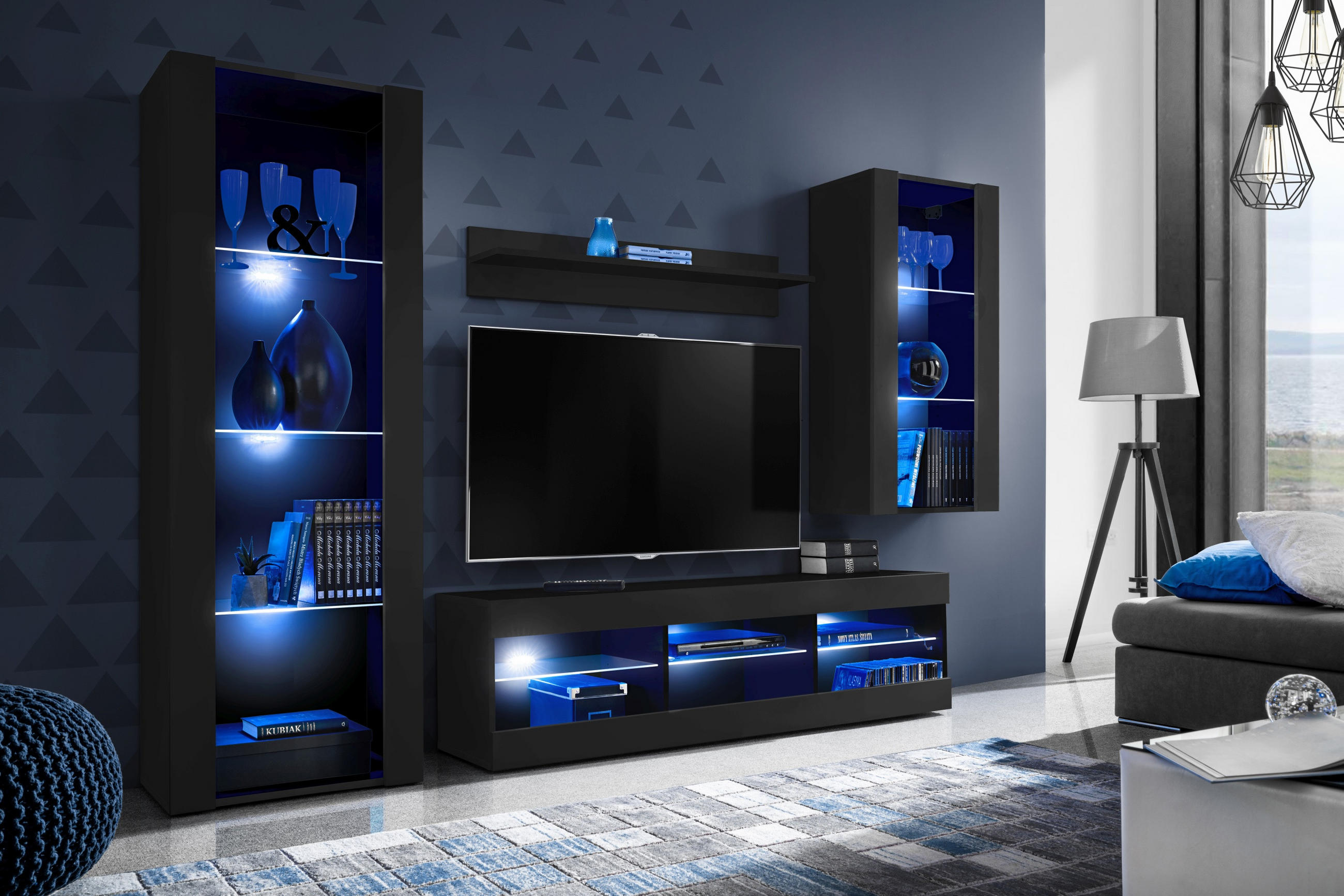 WOHNZIMMERSET TIVOLI MEDIO, 4er-Set, Schwarz, LED Blau - Schwarz, Glas/Holzwerkstoff (245/159/35cm) - Komodee
