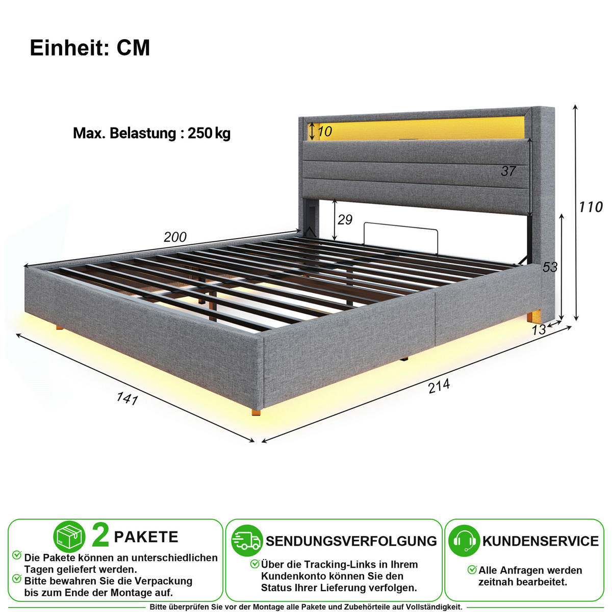 POLSTERBETT 140/200 cm in Grau Leinen mit Bettkasten, LED und USB - Grau, Holzwerkstoff/Textil (140/200cm) - CHICFURN