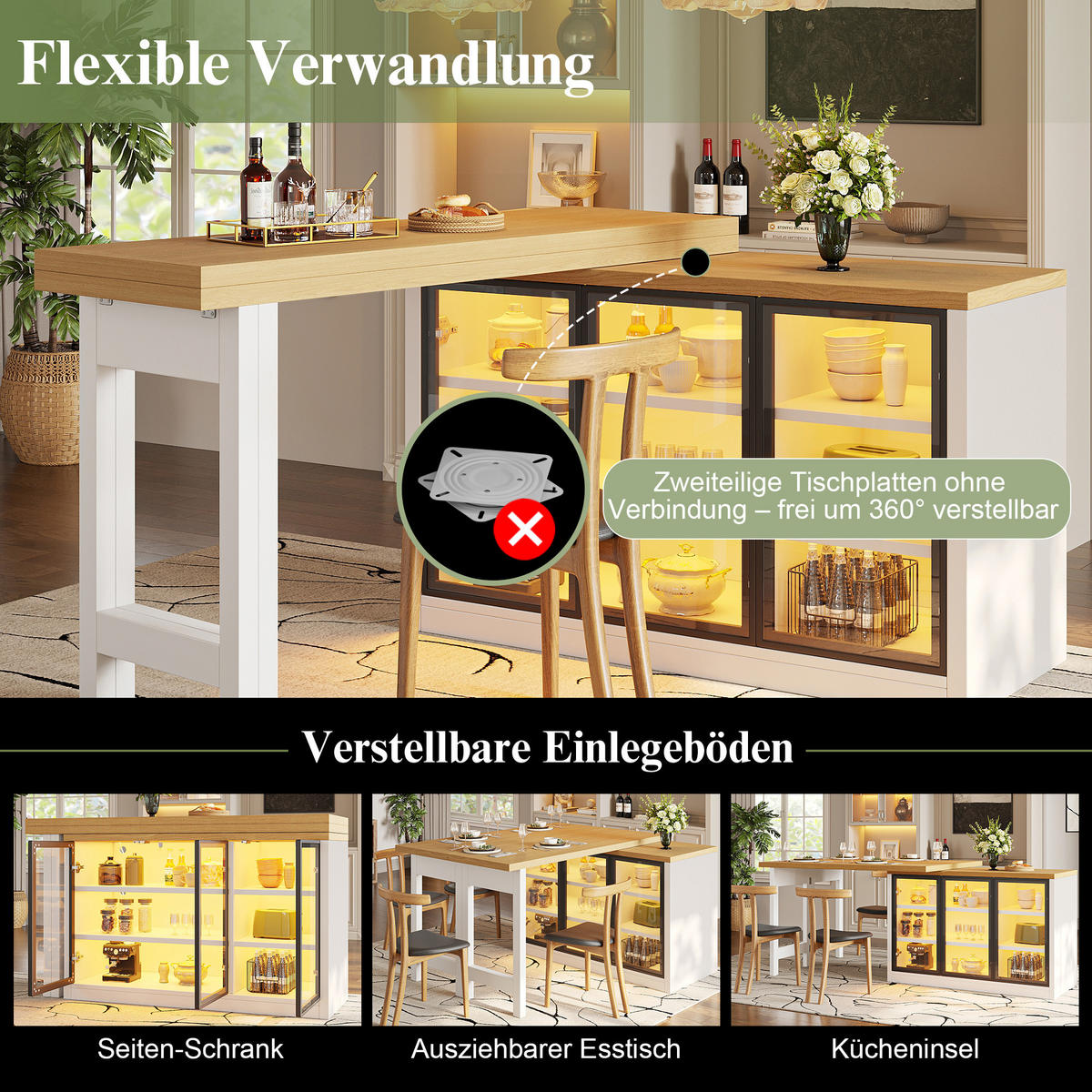 KÜCHENINSEL 360° Drehbar LED Stauraum Weiß - Weiß, Glas (120/72/40cm) - FLIEKS