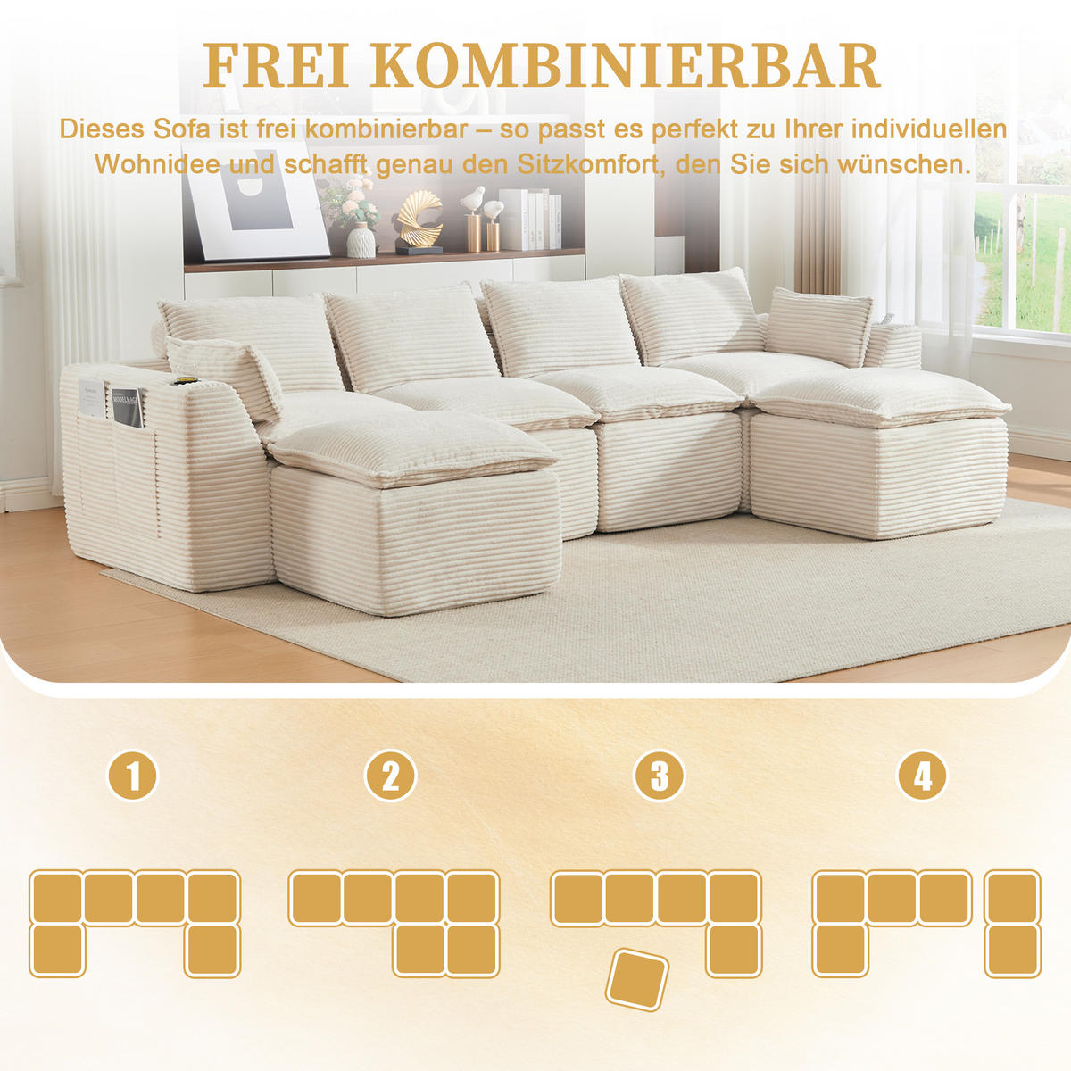 4-SITZER-SOFA aus Chenille, modular mit 2 Fußhockern und Getränkehaltern - Beige, Textil (322/75/161cm) - Urban Meuble