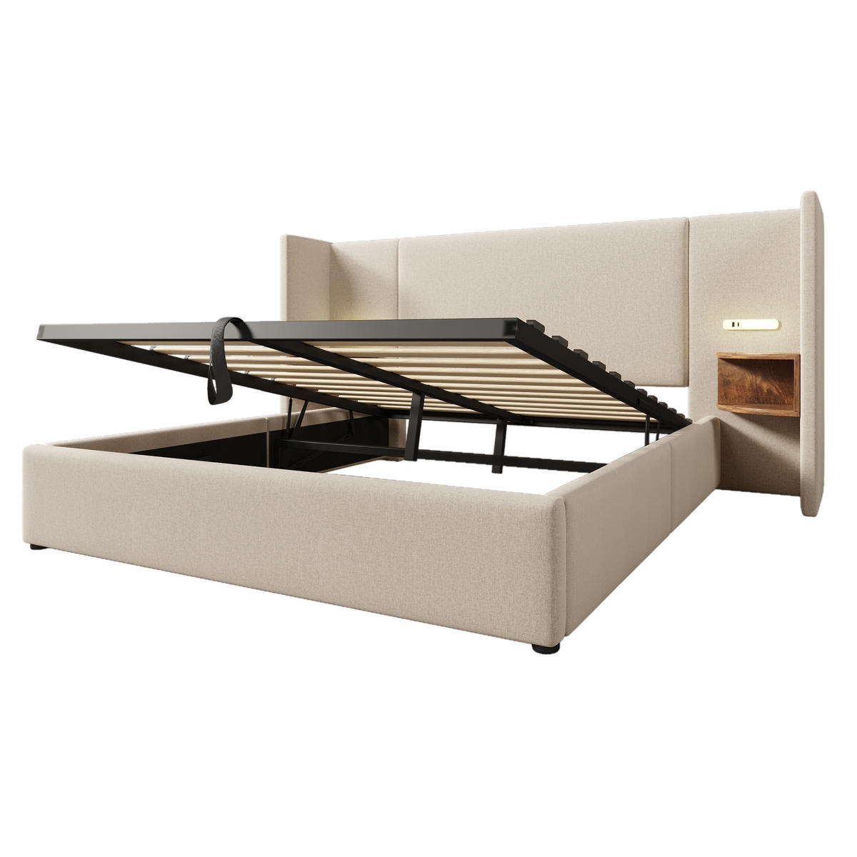 POLSTERBETT 160/200 cm Beige mit Stauraum und Leselampe - Beige, Textil (160/200cm) - OKWISH