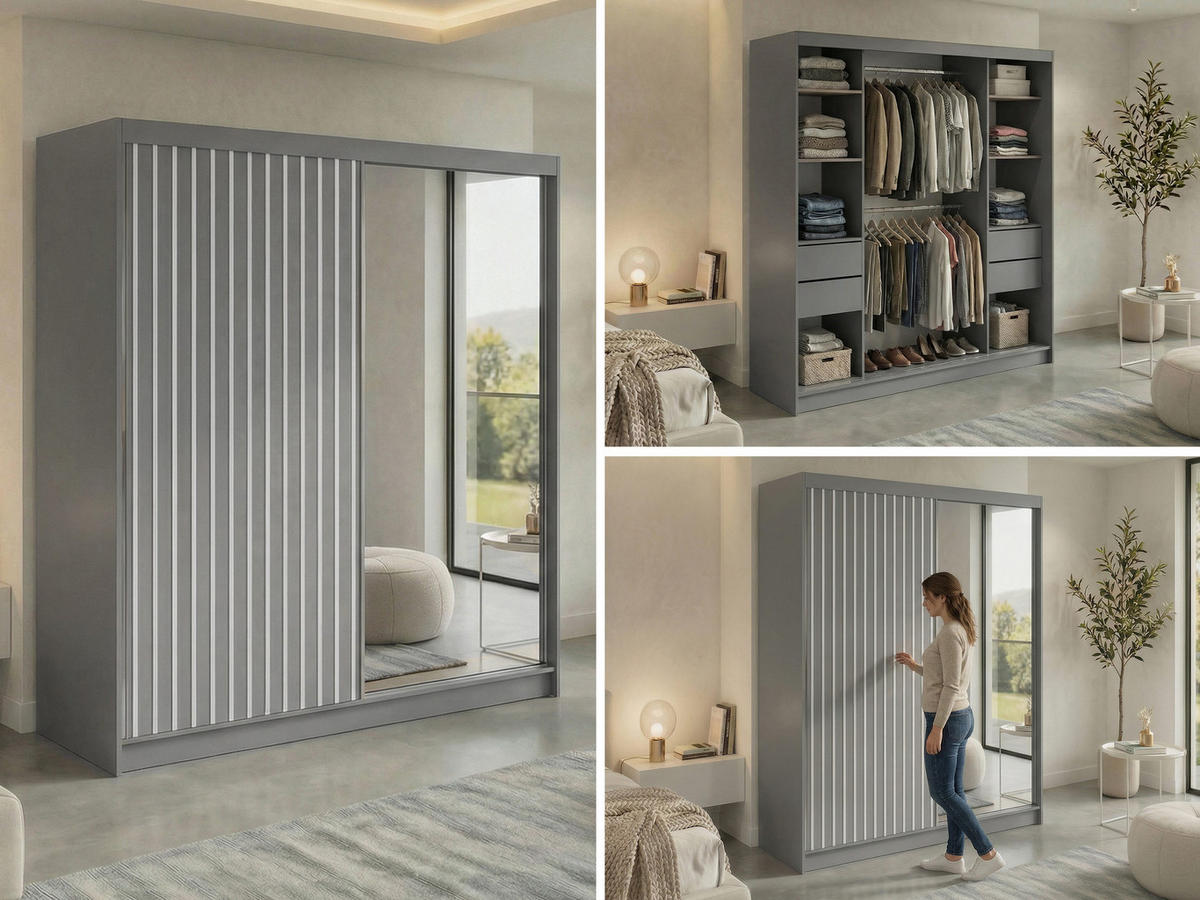 SCHWEBETÜRENSCHRANK mit Spiegel und Schubladen LAOS - 200 - Grau - Weiß Lamellen - Alufarben/Weiß, Holzwerkstoff/Metall (200/216/61cm) - MKS