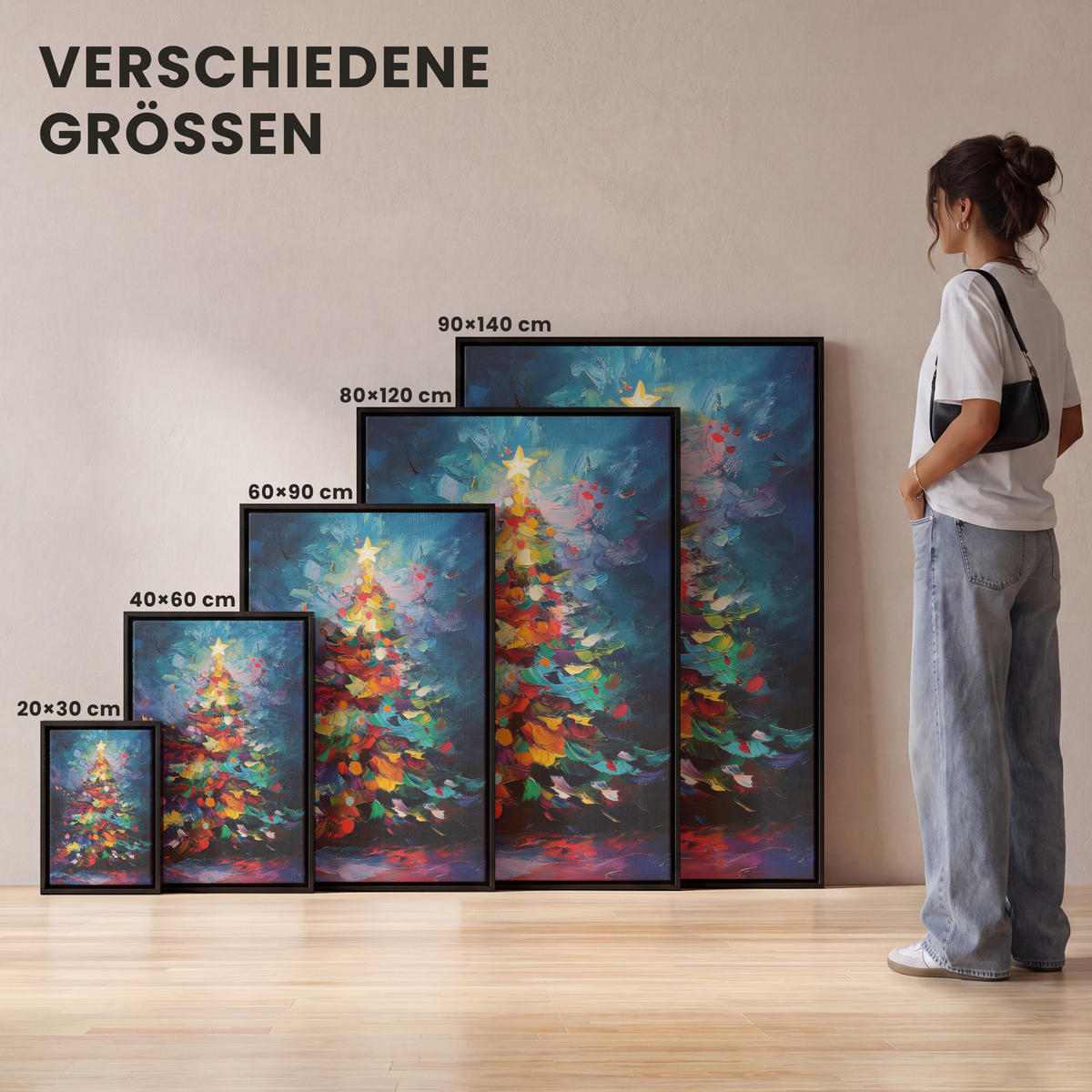 LEINWAND Bilder mit Rahmen - Weihnachtsbaum - Weihnachten - Abstrakt - Farbenfroh - 100x150 - Multicolor, Textil (100/150cm) - MuchoWow