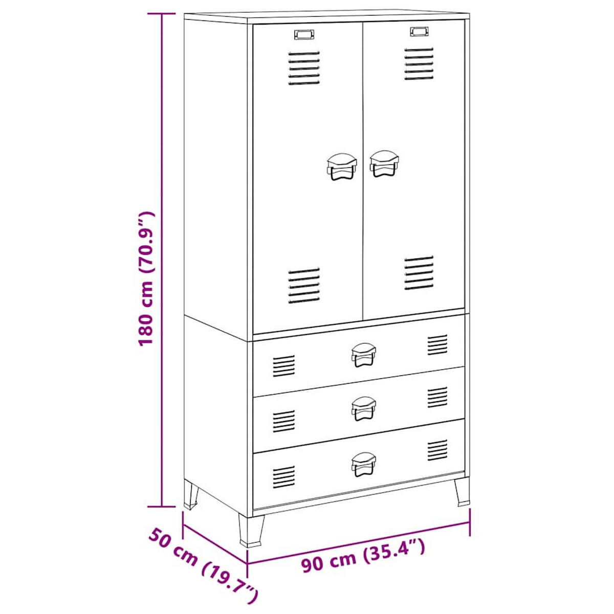 KLEIDERSCHRANK mit 2 Schubladen, 90/50/180 cm, aus Metall, Weiß, im Industriestil, 2-türig - Weiß, Metall (90/180/50cm) - vidaXL