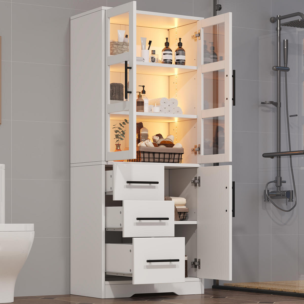 BUFFET Multifunktionaler Vitrinenschrank mit LED Lichtband, Glastüren und verstellbaren Böden Weiß modern MDF/Glas - Weiß, Glas/Holzwerkstoff (72/170/35cm) - EVRYAE