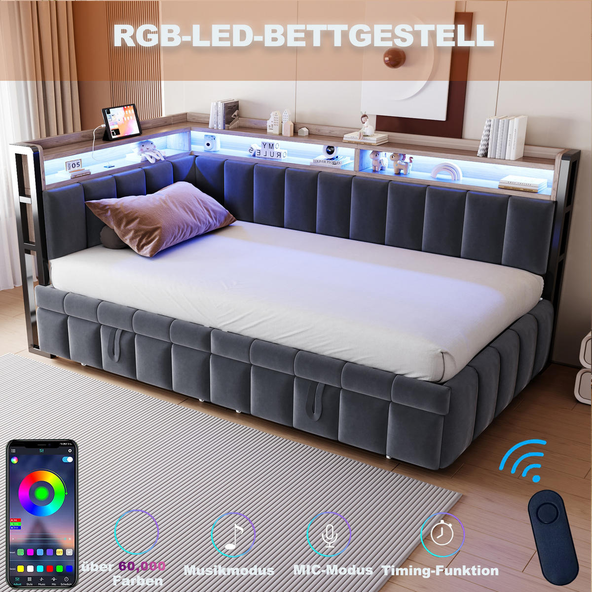 POLSTERBETT 90x200 Dunkelgrau Samt LED USB - Grau, Textil (90/200cm) - FLIEKS
