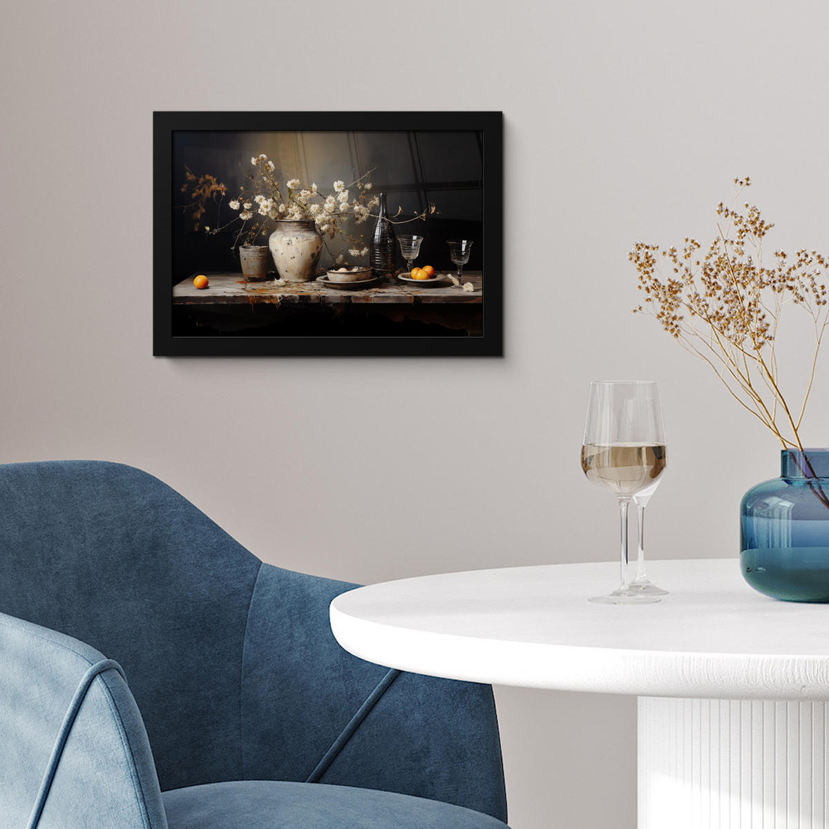POSTER MIT RAHMEN Stilleben - Blumen - Blumenstrauß - Vase - Wein 30x20 cm - Schwarz, Papier (30/20cm) - MuchoWow