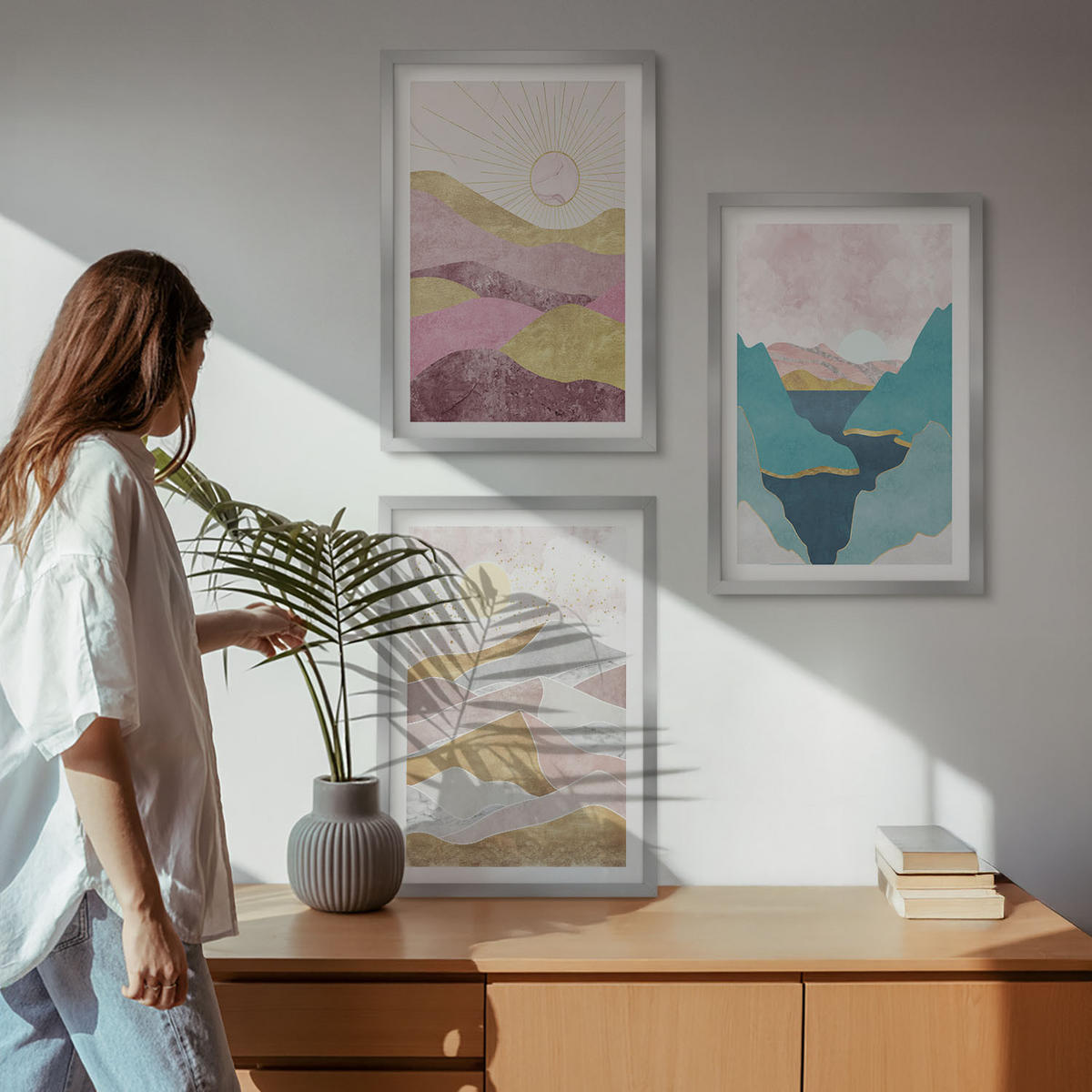 WANDBILDER 3er Set - 40x60 cm Silberner Rahmen - Abstrakte Berge Sonne - Silberfarben, Kunststoff (40/60cm) - ArtPrintCave
