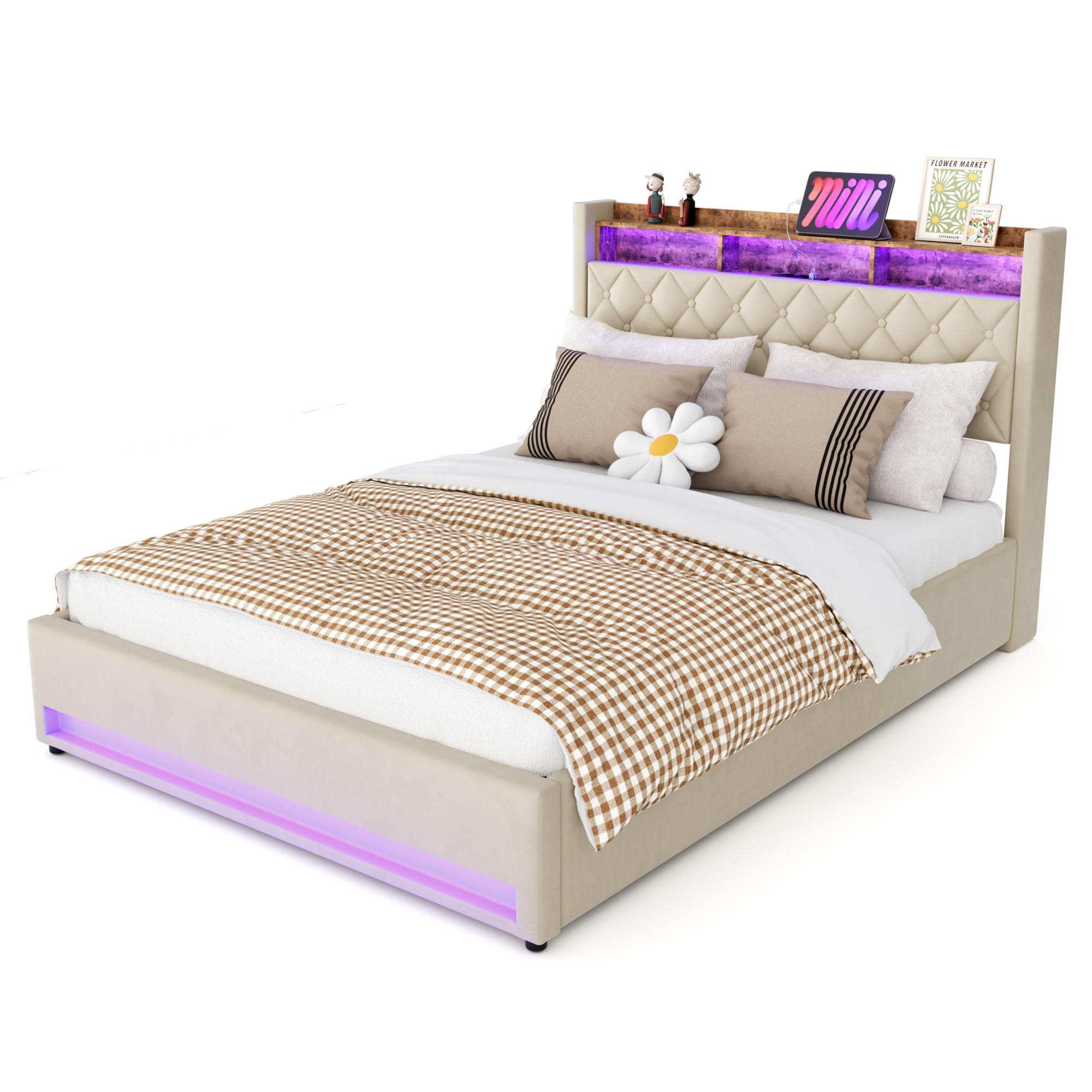 Redom ČALOUNĚNÁ postel 160/200 cm s úložným čelem a LED světelným páskem, materiál samet, Béžová