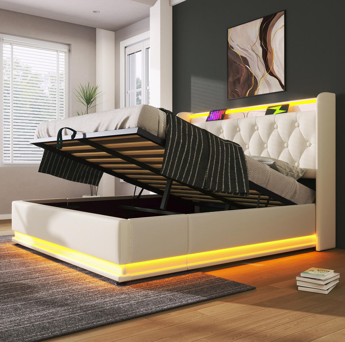POLSTERBETT mit LED und Stauraum 160x200 cm PU Weiß - Weiß, Metall (160/200cm) - Meubliv