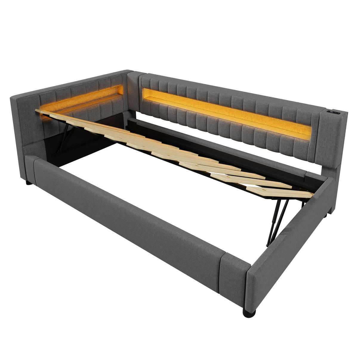 TAGESBETT 90/200 cm DE-04927, mit LED, Hydraulik und USB+Typ-C in Grau - Grau, Holzwerkstoff (90/200cm) - ComfortXL