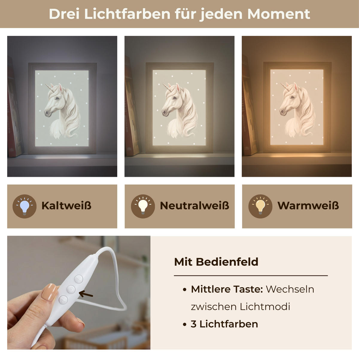 NACHTTISCHLAMPE Einhorn - Weiß - Punkte 15x20 cm - Taupe, Holzwerkstoff (8/15/20cm)