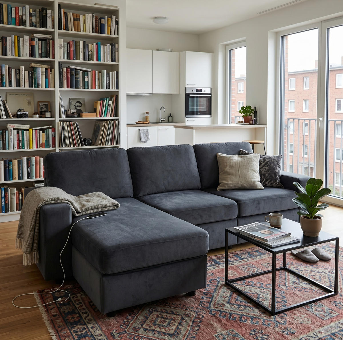 ECKSOFA 245,5/150,5/86,5 cm dunkelgrau aus Polyester mit Ottomane und 4 Staufächern - Dunkelgrau, Kunststoff (245.5/150.5cm) - OKWISH