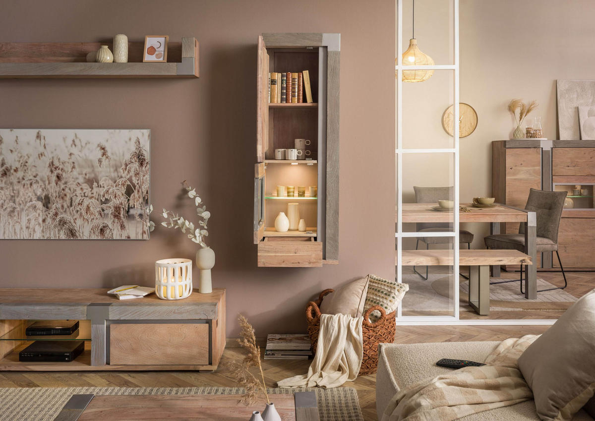 HÄNGEVITRINE Akazie 48x35x142 beige lackiert Amsterdam #112 - Beige, Holz (48/142/35cm) - Massivmoebel24