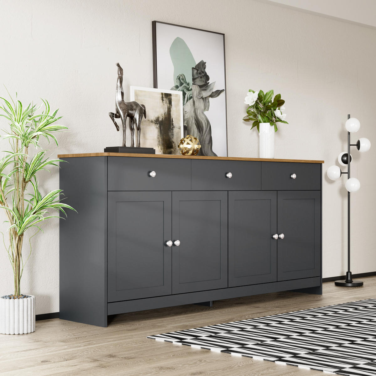 SIDEBOARD im Landhausstil aus MDF mit Holzplatte, 3 Schubladen und 4 Türen, 160/37/75 cm, grauschwarz und holzfarben - Grau, Holzwerkstoff (160/75/37cm) - Redom