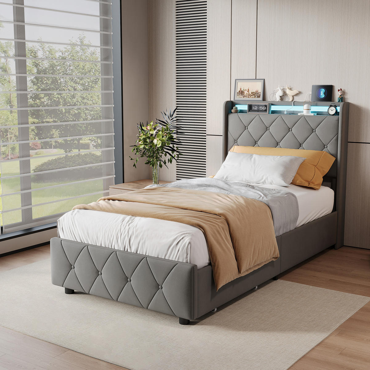 POLSTERBETT 90/200 cm,Schubladenbett Beige mit Verstellbarer RGB-LED und Ladefunktion - Beige, Holz/Metall (90/200cm) - FURNISHINGS HOME