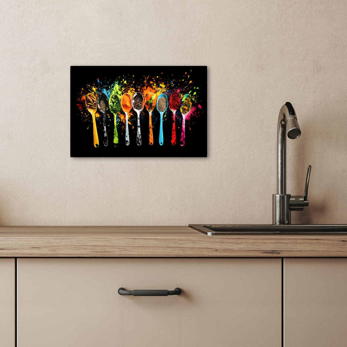 LEINWANDBILD Löffel - Gewürze - Modern - Graffiti - Farbe - Farbenfroh 30x20 cm - Multicolor, Textil (30/20cm) - MuchoWow