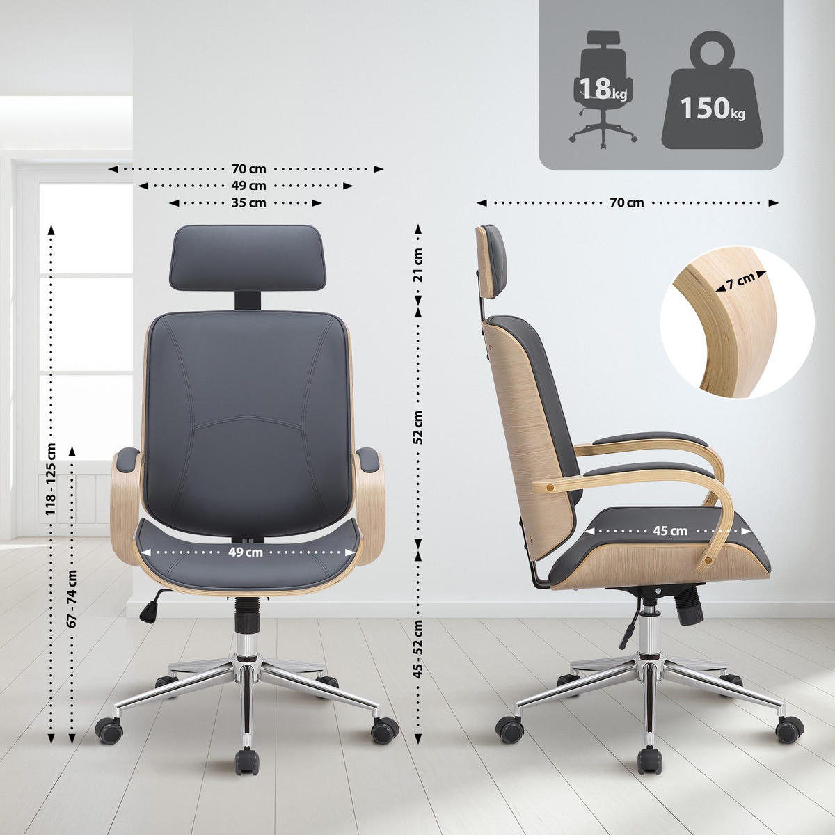 BÜROSTUHL Daytona natura/grau - Chromfarben/Grau, Metall (70/125/70cm) - TPFLiving