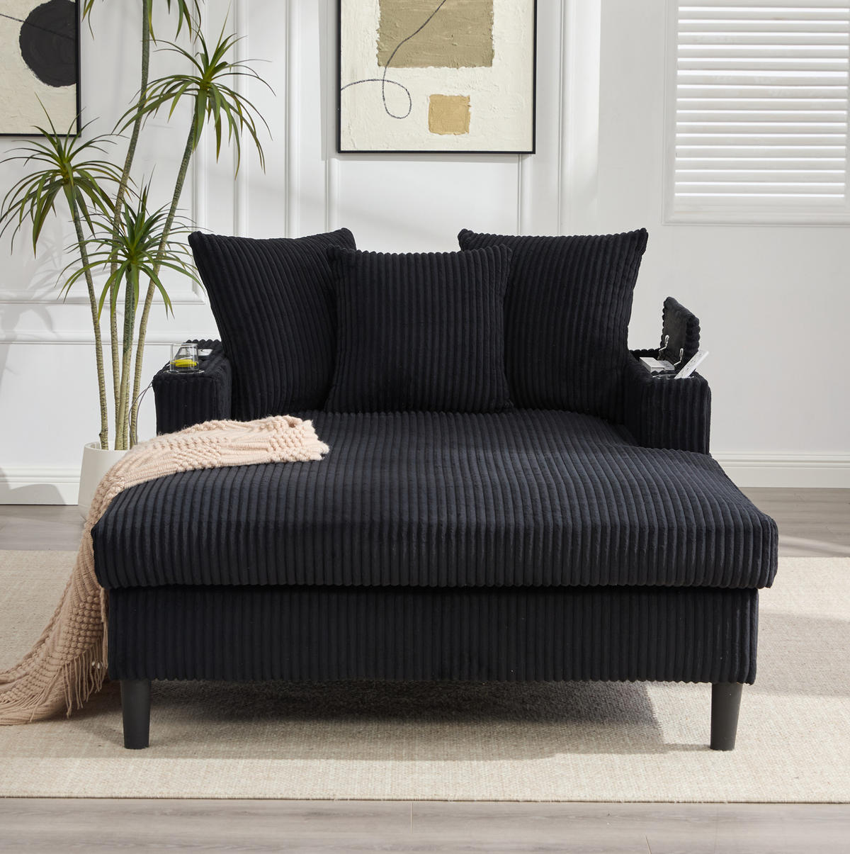 CHAISELONGUE mit LED, USB und Stauraum 129 x 170 x 70 cm Cord Black - Schwarz, Holz (170/70/129cm) - Meubliv