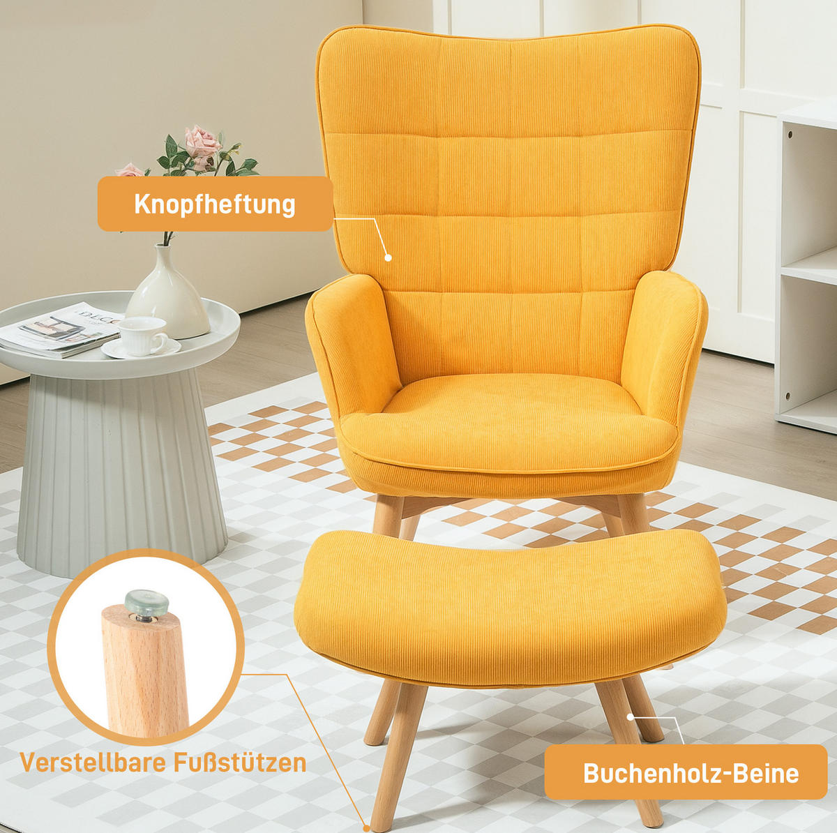 KŘESLO s podnožkou 72/80/101 cm oranžové z polyesteru s taburetem a bukovými nohami - pomerančová, textil (72/101/80cm) - OKWISH