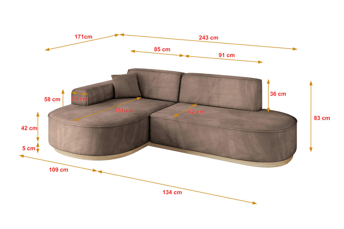 ECKSOFA Ottomane Links MARI-L1-v1 - 243x171x83 cm Braun Velours - Braun, Holzwerkstoff/Textil (243/171cm) - ALTDECOR
