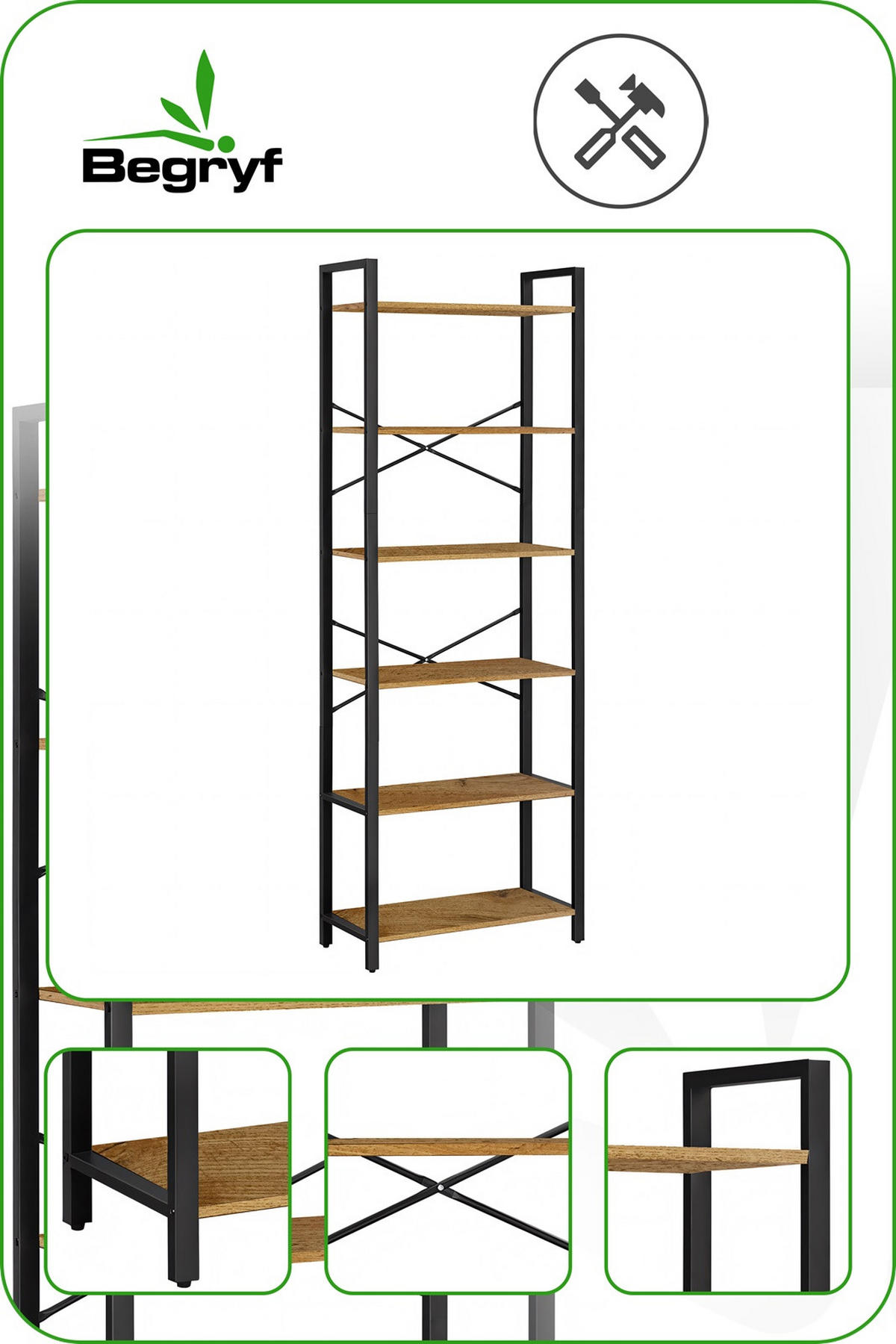 STANDREGAL Holzoptik Metall Erlefarben 6 Böden 66x30x186 cm - Erlefarben/Schwarz, Holzwerkstoff/Metall (30/186/66cm) - Begryf