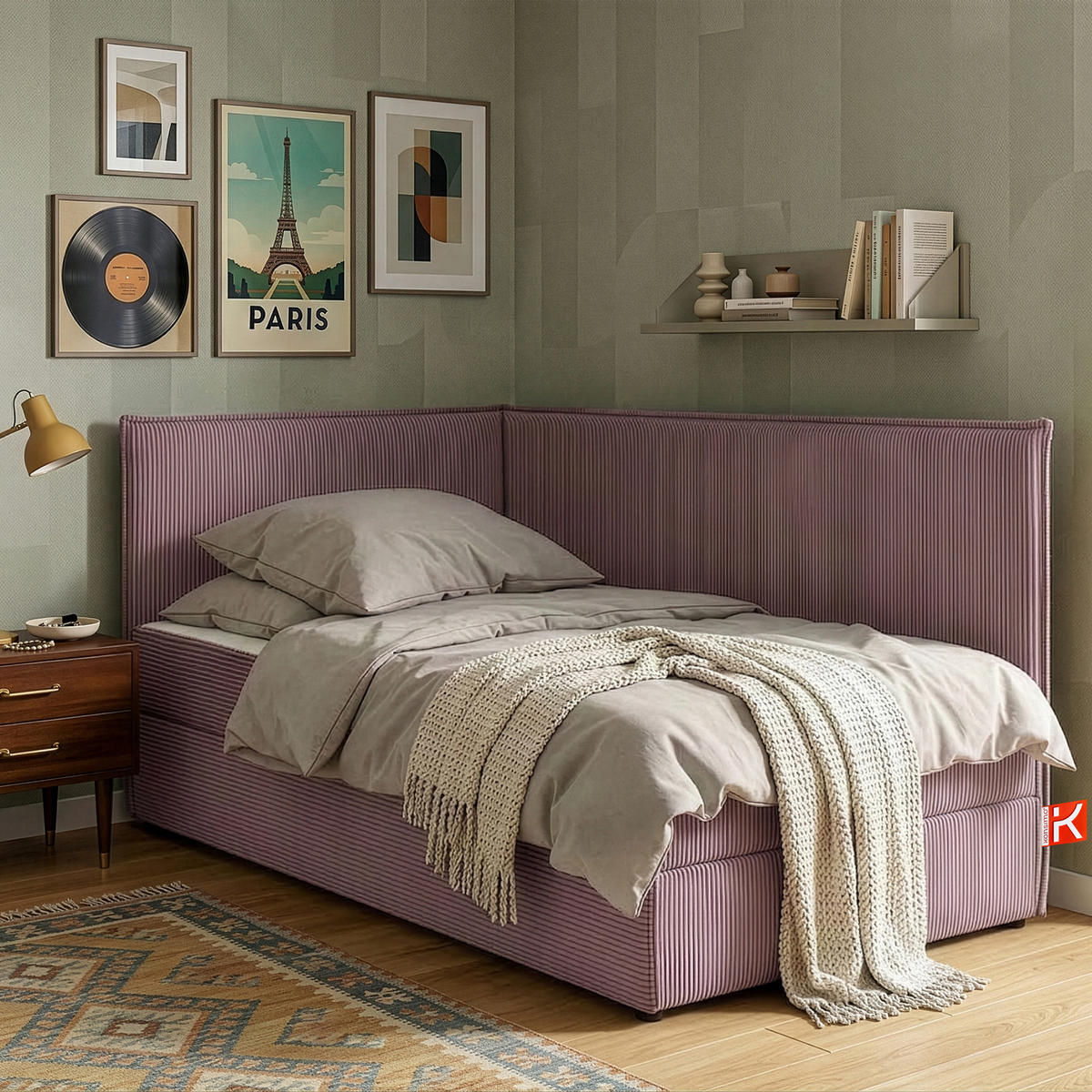 JUGENDBETT ROTI Einzelbett mit Bettkasten, 90x200cm, Bett mit Bonellmatratze, mit Rückenlehne - Lila/Schwarz, Holz/Holzwerkstoff (92/200cm) - KONSIMO®